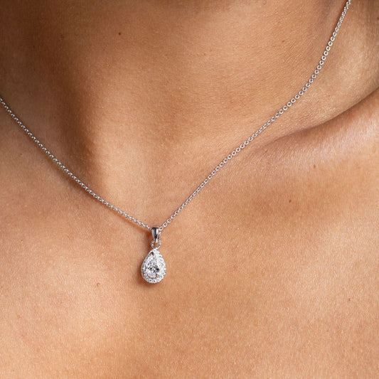 Pear Halo Necklace - Sterling Silver - CEYLON BRILLIANCE CO.