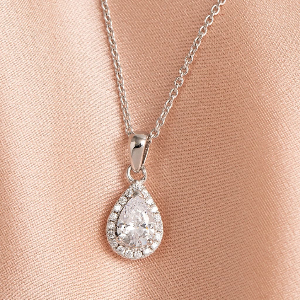 Pear Halo Necklace - Sterling Silver - CEYLON BRILLIANCE CO.